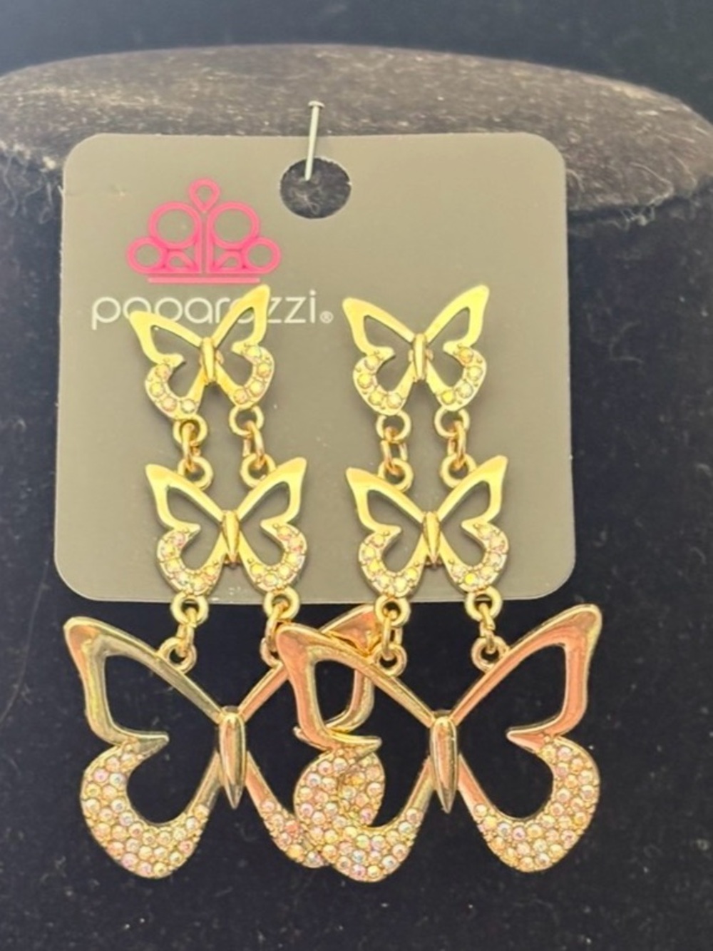 Paparazzi Gold and Pink Triple Butterfly Dangle Earrings